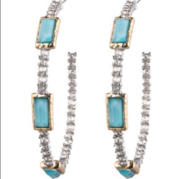 Alexis Bittar Lightweight Turquoise Black Gold Baguette Punk Hoop Post Earrings - Picture 7 of 9